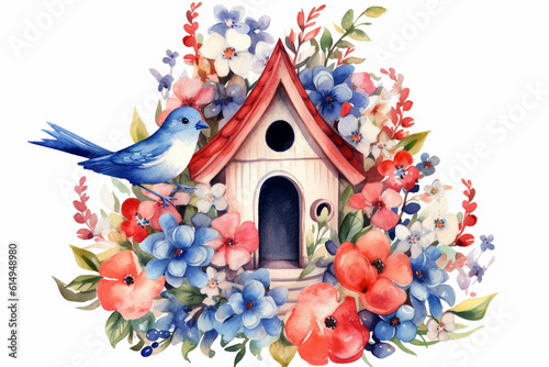 Stampa su tela Generative AI Watercolor birdhouse with spring flowers