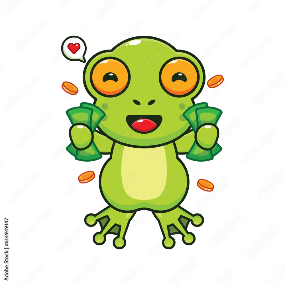 cute frog holding money cartoon vector illustration. Stock Vector