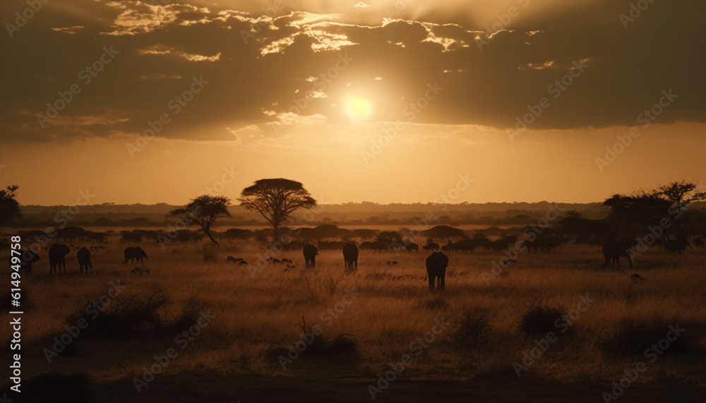 African sunset, savannah plain, acacia tree, wildlife herd grazing generated by AI