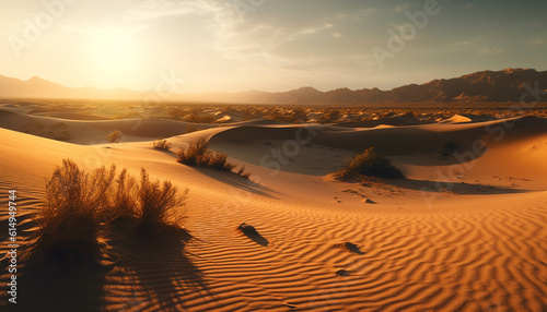 Tranquil sunset over rippled sand dunes in arid Africa generated by AI