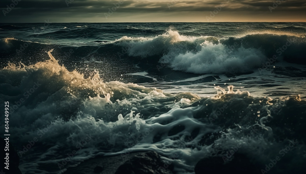 Dramatic sky reflects beauty in nature as waves crash at dusk generated by AI