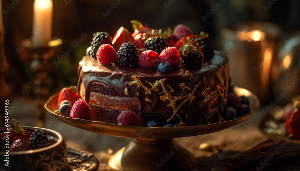 A decadent chocolate cheesecake slice with fresh berries and cream generated by AI