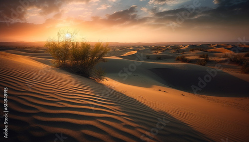 Tranquil sunset over majestic sand dunes in arid Africa generated by AI