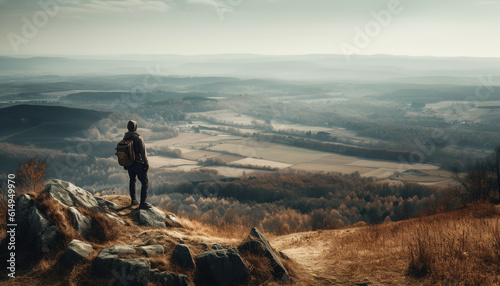 One person hiking with backpack  enjoying tranquil mountain scenery generated by AI