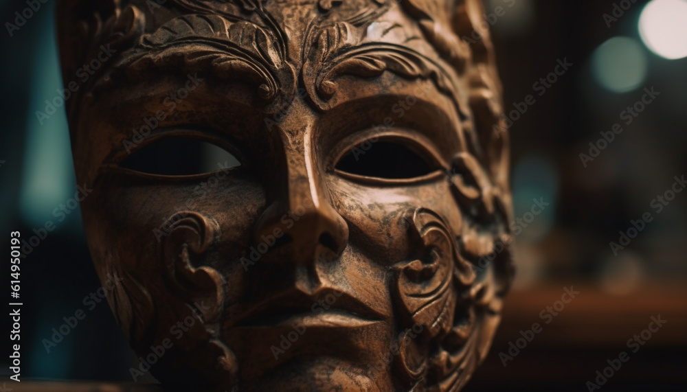 African souvenir ancient mask sculpture, ornate patterned decoration, indigenous tradition generated by AI African souvenir ancient mask sculpture, ornate patterned decoration, indigenous tradition generated by AI