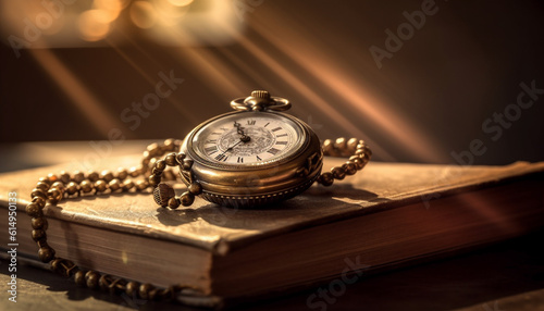 Antique pocket watch on table, a symbol of wisdom and history generated by AI