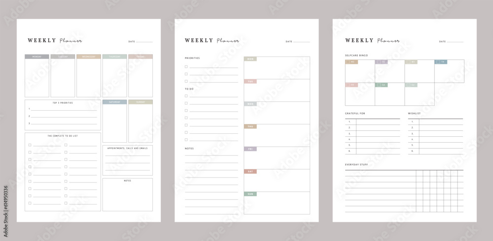3 set of Day Week planner. (pastel) Minimalist planner template set. Vector illustration. 3 set of Day Week planner. (pastel) Minimalist planner template set. Vector illustration.