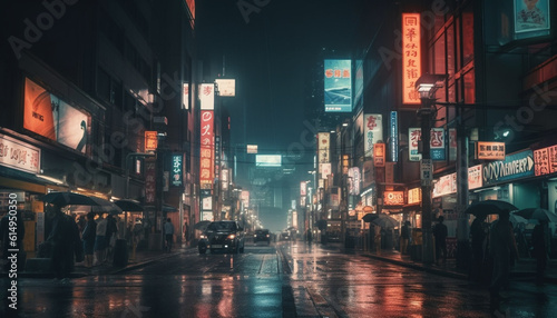 The neon lit city street in Mong Kok is bustling with motion generated by AI © Stockgiu