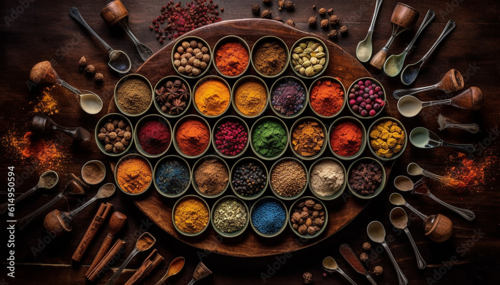 A rustic table set with a large collection of multi colored spices generated by AI