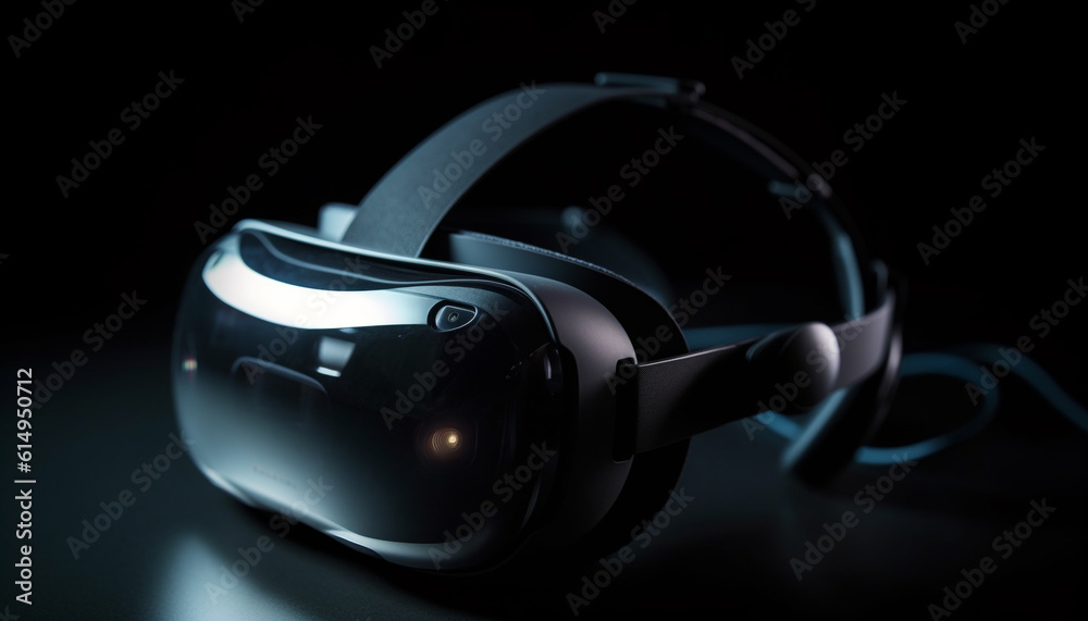Playing futuristic video game with VR headset, hands free device, and headphones generated by AI Playing futuristic video game with VR headset, hands free device, and headphones generated by AI