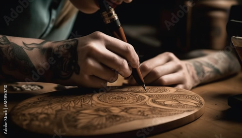 The skilled artist hand creates an intricate tattoo design indoors generated by AI