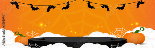 Empty black podium for product display with bats decorative, clouds, Pumpkins, and spiders on orange background. Halloween background. Product stage shows. Vector illustration.