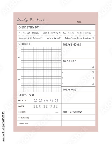 Daily Routine planner. (Pink) Minimalist planner template set. Vector illustration.