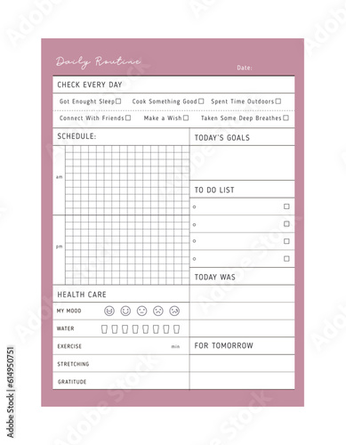 Daily Routine planner. (Pink) Minimalist planner template set. Vector illustration.