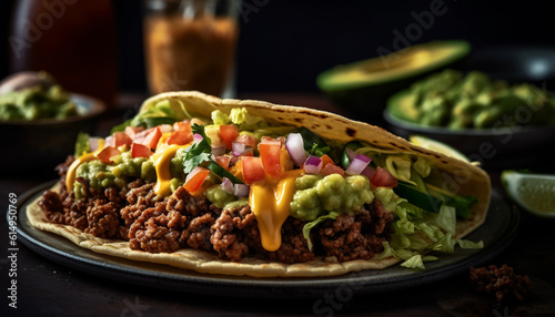 Grilled beef taco with guacamole, cilantro, and jalapeno pepper generated by AI