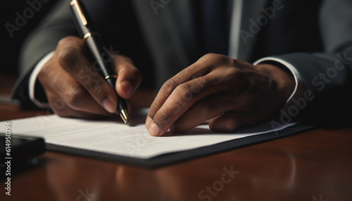 Businessman signs contract with ballpoint pen at office desk generated by AI