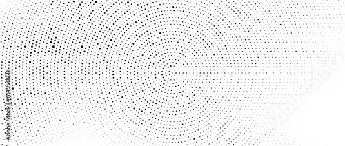 Radial halftone dots. Spotted and dotted stains gradient background. Concentric comic texture with fading effect. Black and white rough gritty wallpaper. Grunge monochrome pop art backdrop. Vector