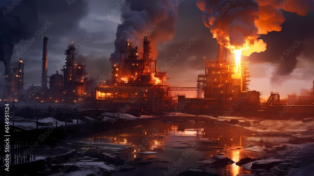 the refinery at sunset over the river, generative ai