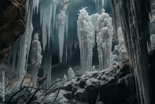 Photographie A cave formed by dripping calcium carbonate, stunning stalactites and stalagmites