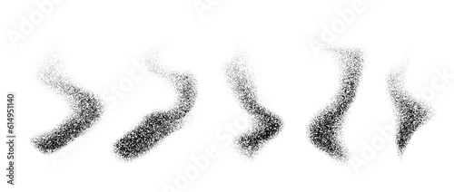 Textured wavy forms set. Black stipple grain smoke or steam pack. Dotted sand noise fog collection. Smooth gritty gradient waves bundle. Grunge design elements. Vector illustration. 