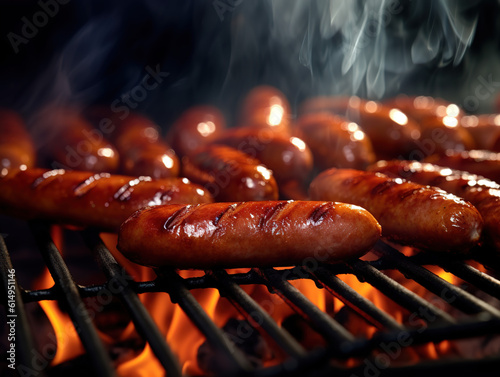 Sausages Grilled on the Fire Grill Friends Barbecue in Nature have a meal generative ai