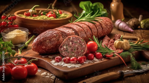 Close-up of homemade full sausage with unique texture, color and richness of taste created with Generative AI Technology