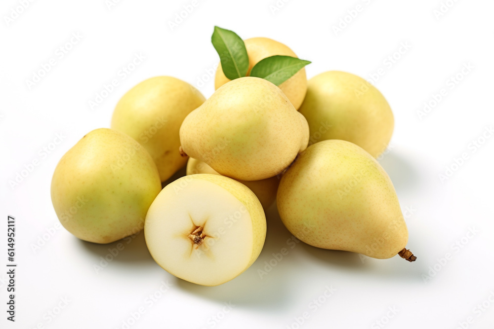 Ripe pears with leaf on a white background. Fresh pear fruit. Ai generative. Ripe pears with leaf on a white background. Fresh pear fruit. Ai generative.