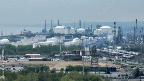 Long aerial zoom shot of refinery and railroad tracks near Chester and Philadelphia in Pennsylvania. photo