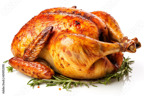 Stampa su tela Whole roasted chicken on a white background