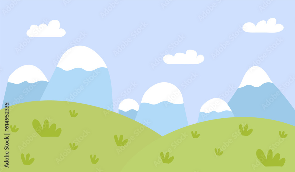 Flat forest with meadow, trees, bushes and mountains landscape. Cartoon spring green hills nature with flowers and plants Flat forest with meadow, trees, bushes and mountains landscape. Cartoon spring green hills nature with flowers and plants