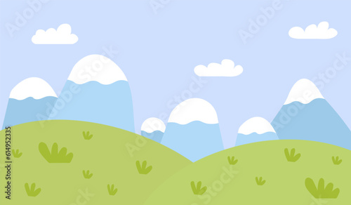 Flat forest with meadow  trees  bushes and mountains landscape. Cartoon spring green hills nature with flowers and plants