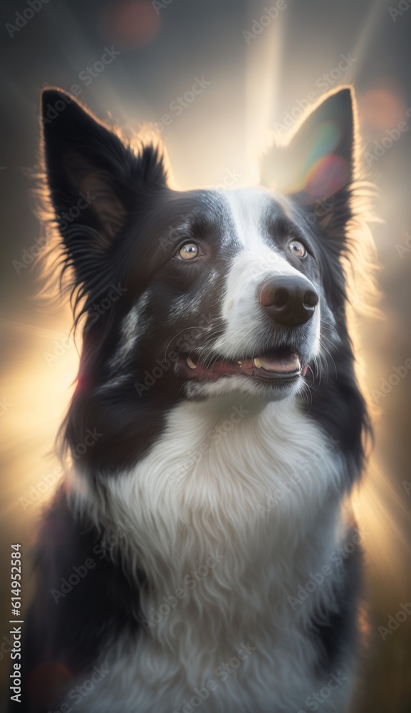 Border collie portrait in a field with sunbeams in the background, Generative AI