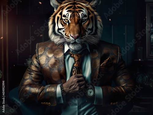 High fashion tiger businessman, powerful presence, possessed eyes, brutal, executive look, photorealism, generated ai © Lite