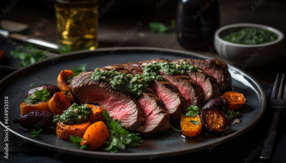 Grilled sirloin steak on rustic crockery, a gourmet main course generated by AI Grilled sirloin steak on rustic crockery, a gourmet main course generated by AI