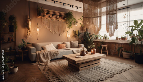 Modern luxury living room with cozy rustic elements and nature inspired decor generated by AI © Stockgiu