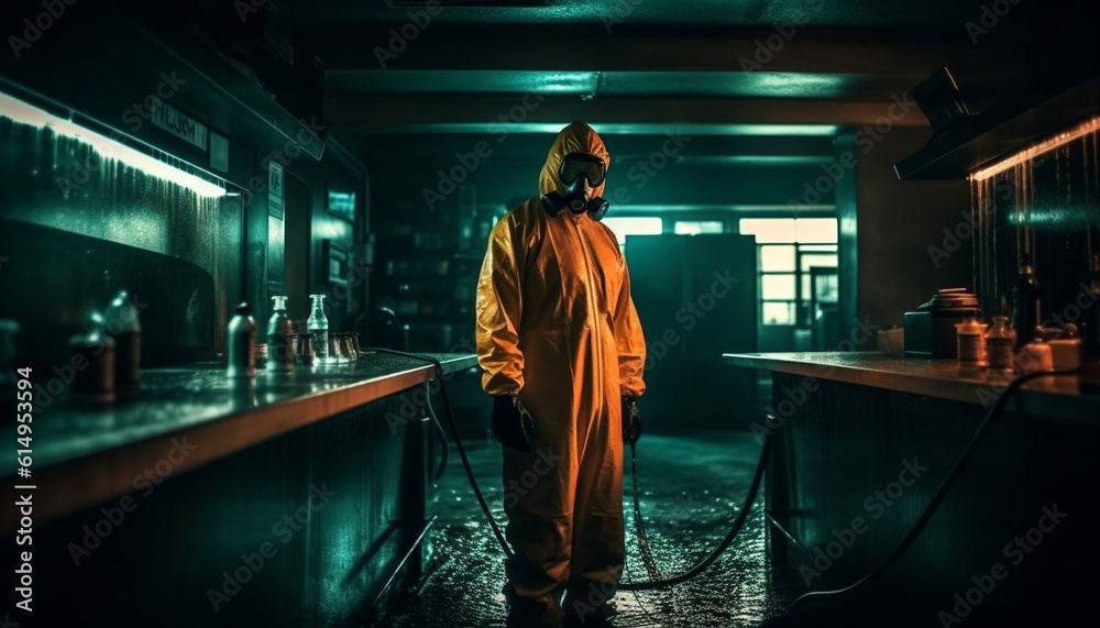 One expert engineer spraying toxic waste in dark factory night generated by AI