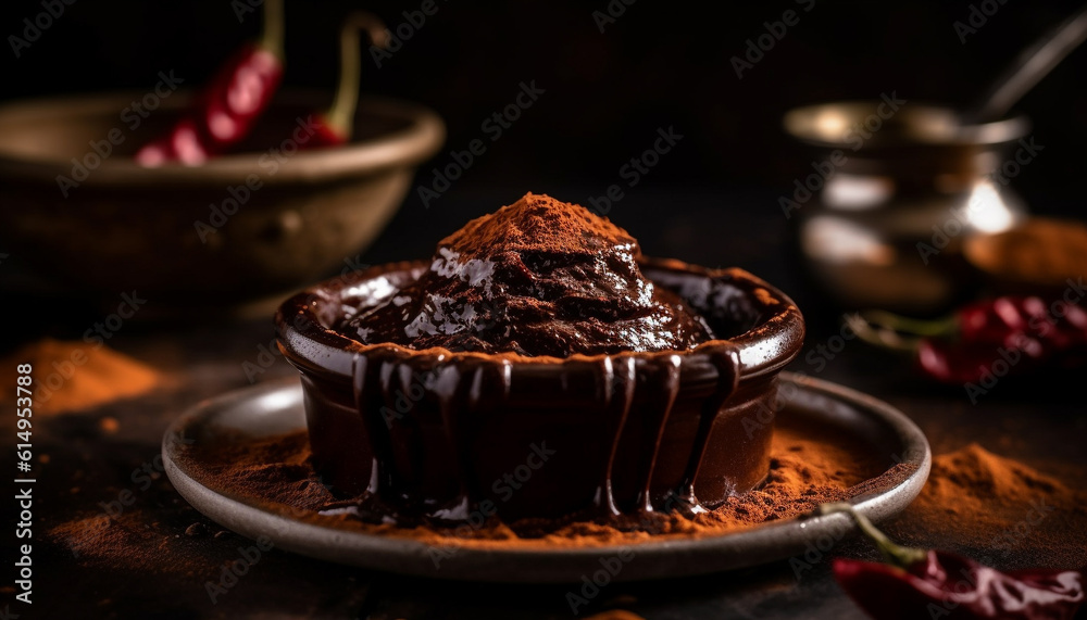A homemade dark chocolate brownie, a sweet indulgence on wood generated by AI