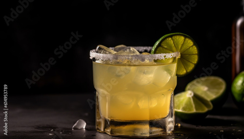 A refreshing cocktail with lime, fruit, and whiskey on ice generated by AI