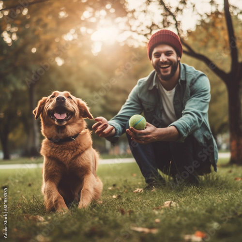 happy man playing fetch with dog outside