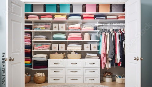Billede på lærred Modern closet collection Multi colored garments neatly arranged on shelves gener