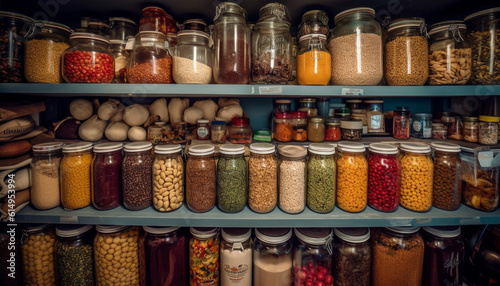 A healthy collection of multi colored spices in glass jars generated by AI
