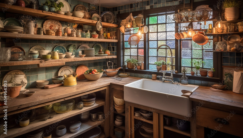 Rustic pottery shelf adds warmth to modern kitchen design generated by AI