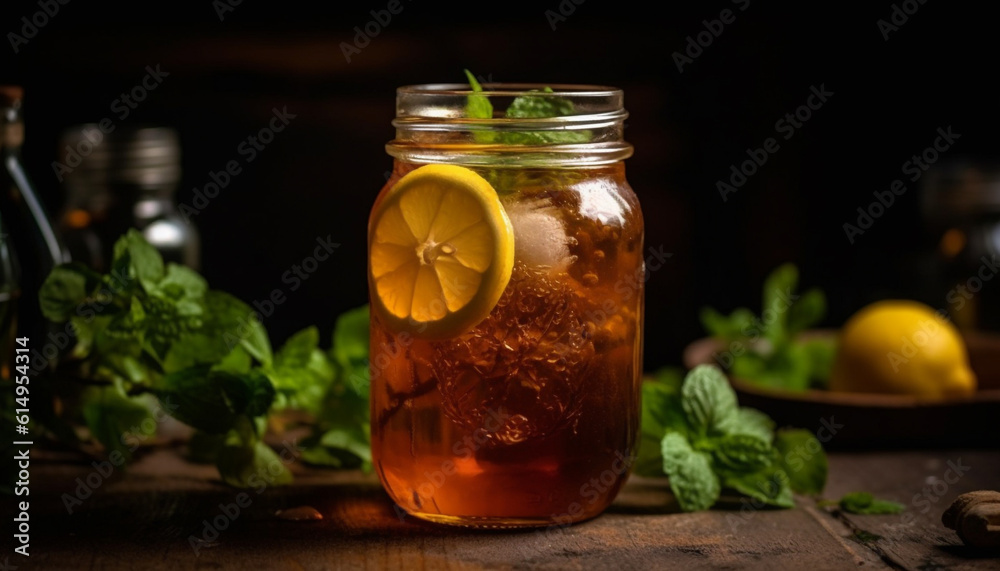 Refreshing summer cocktail with citrus fruit, mint, and ice cubes generated by AI Refreshing summer cocktail with citrus fruit, mint, and ice cubes generated by AI