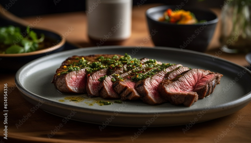 Grilled sirloin steak on rustic plate with fresh vegetable salad generated by AI