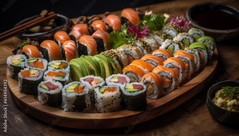 A gourmet seafood meal with fresh sushi rolls and avocado generated by AI A gourmet seafood meal with fresh sushi rolls and avocado generated by AI