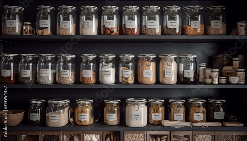 Abundance of healthy food in glass containers on wooden shelves generated by AI