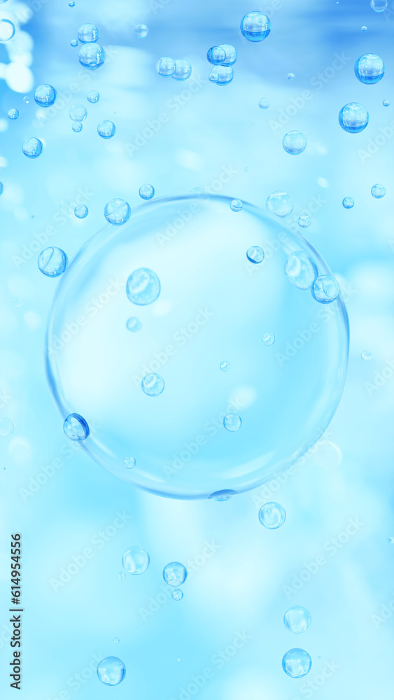 水色背景に複数の気泡。3d。（縦長）