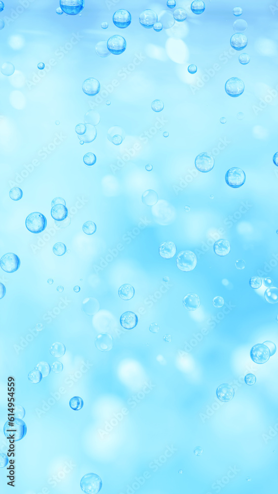 水色背景に複数の気泡。3d。（縦長）