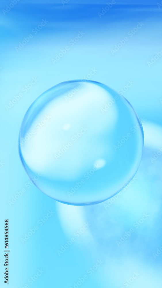 水色背景に一つの透明な球体。3d。（縦長）