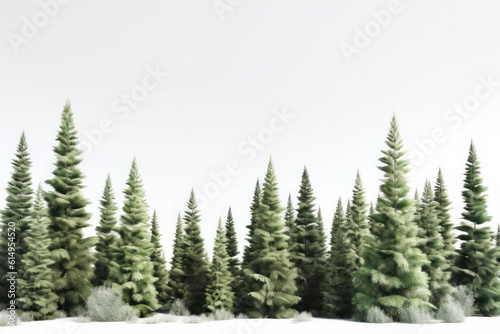 A peaceful winter forest with a row of trees standing tall against a pristine snowy background. AI Generative. © sorapop